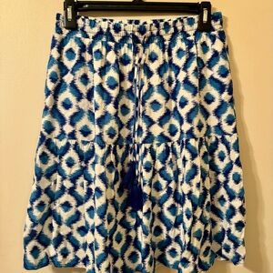 Knox Rose Ikat Tiered Midi Skirt Tassels Boho Global Girly Blue White Geometric